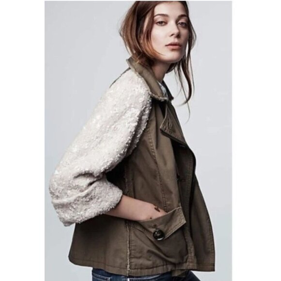 Anthropologie HEI HEI Sequin Sleeve Military Coat in Army Green / Cream Size XS - Picture 1 of 14